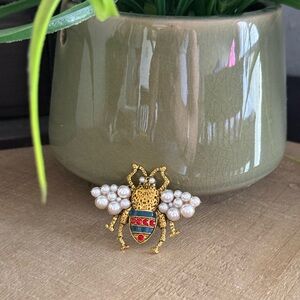 Vintage Style Enamel Bee Brooch with Faux Pearl Wings